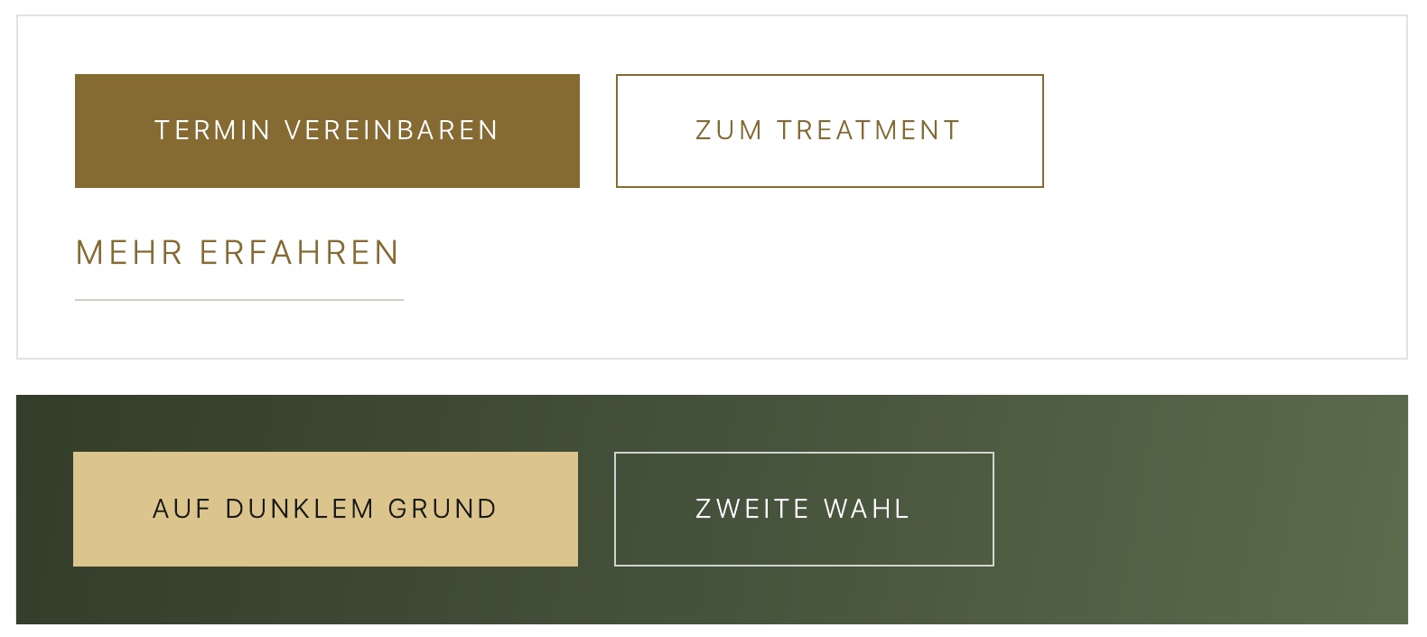 Ausschnitt aus dem Designsystem von WiGlow: Knöpfe in Goldschrift und Sandgold, darunter das grüne Verlaufsband